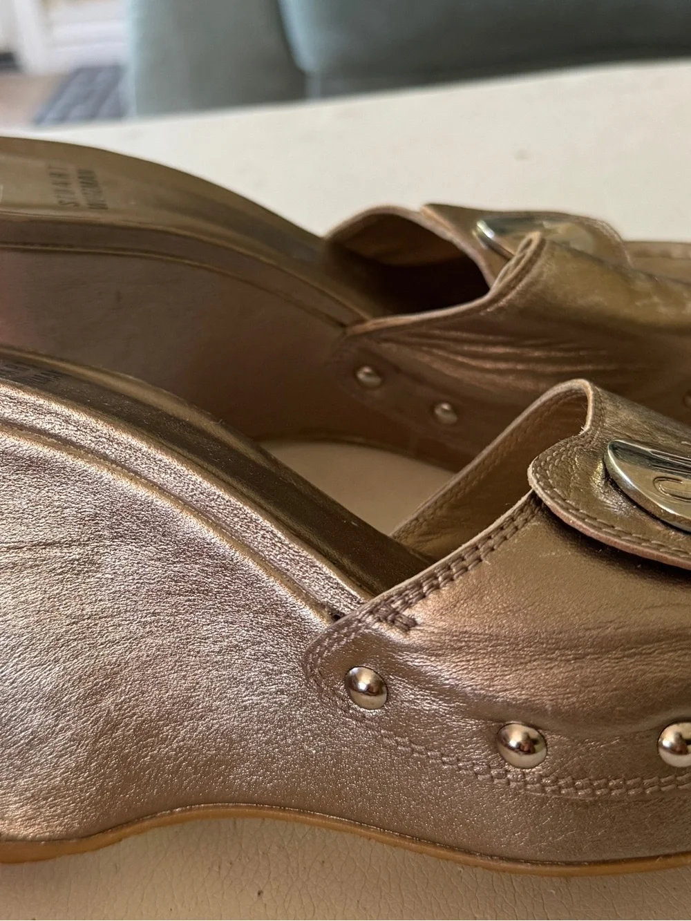 Stuart Weitzman Bronze Metallic Wedge Mules